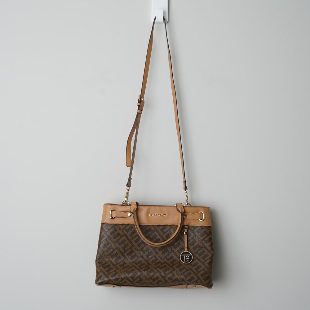 Ellen Tracy Logo Print Coated Canvas Satchel Handbag Detachable Adjustable Strap